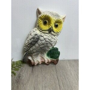 Vintage Chalkware Owl Wall Hanging Decor Gray Owl Yellow Eyes